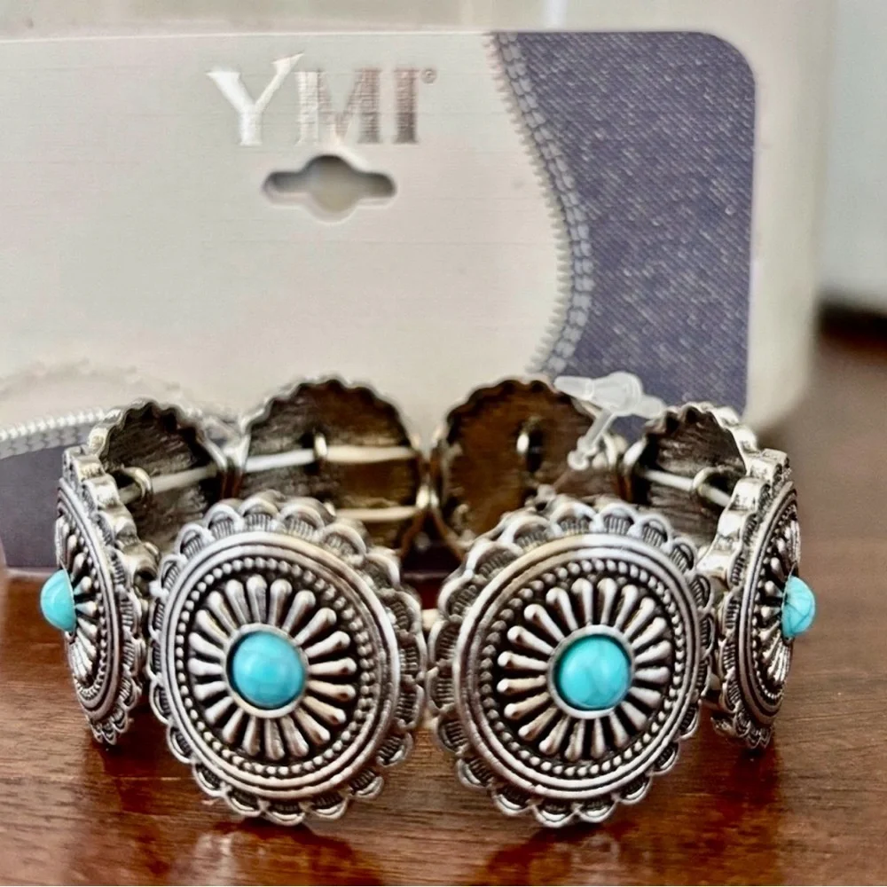 YMI Silvertone Conchos,faux turquoise stones, stretch bracelet,Southwestern